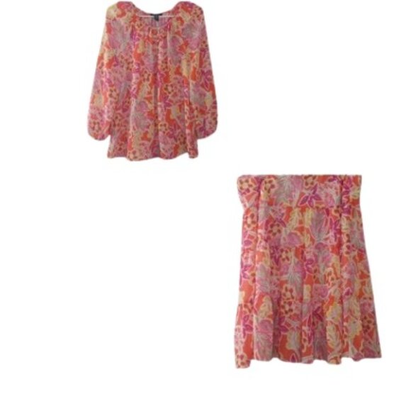 CHAPS Womens 2 Piece Skirt Set Pink Floral Ruffle Tiered Chiffon Petite XL - Picture 1 of 6